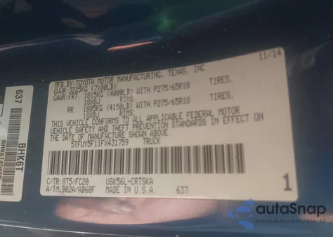 2015 Toyota Tundra Sr5 5.7L V8 из США, поврежденный, VIN 5TFUY5F11FX431759